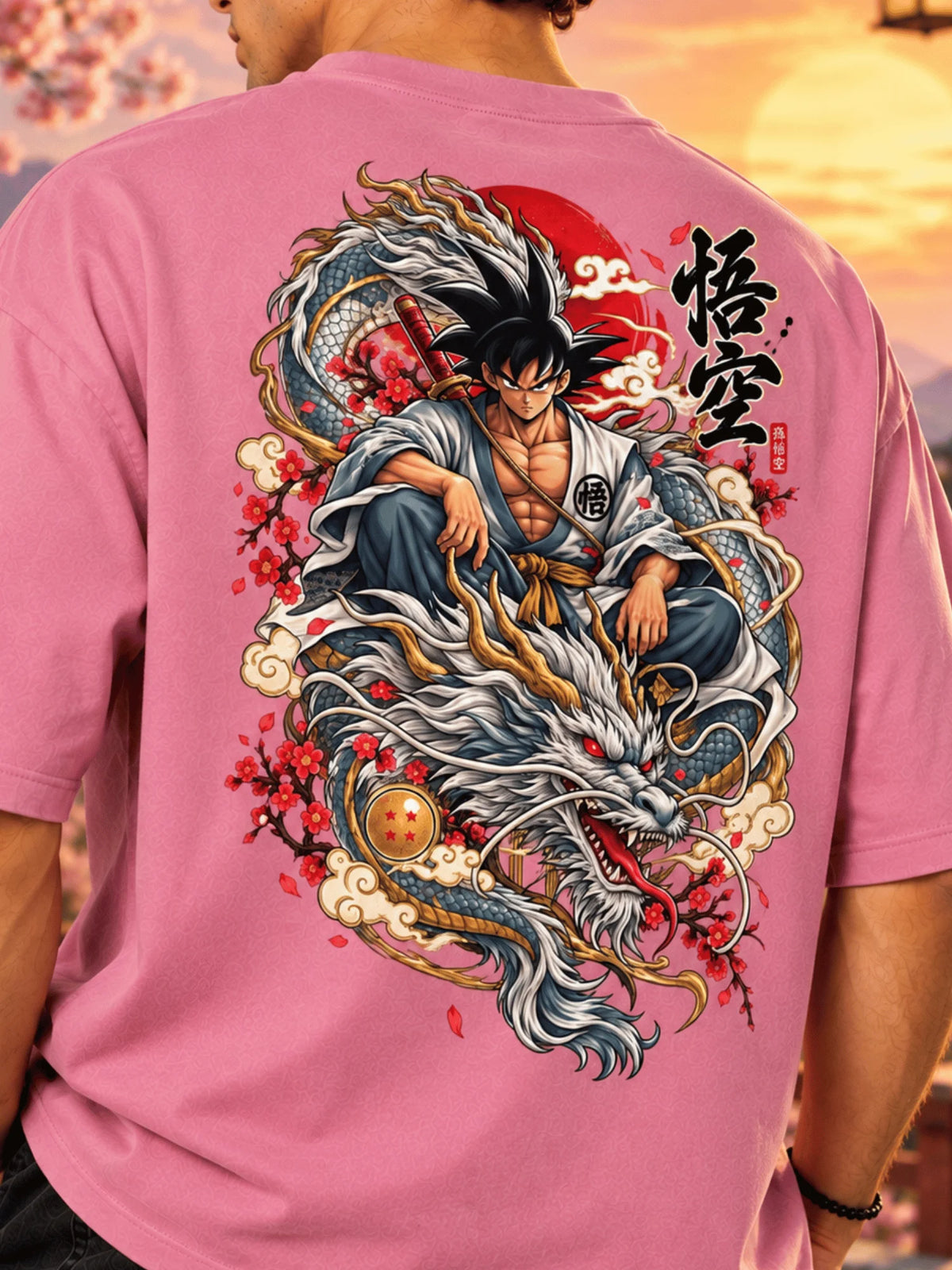 Excello Men's  Anime Dragon Graphic Oversized T-Shirt | Rose Pink