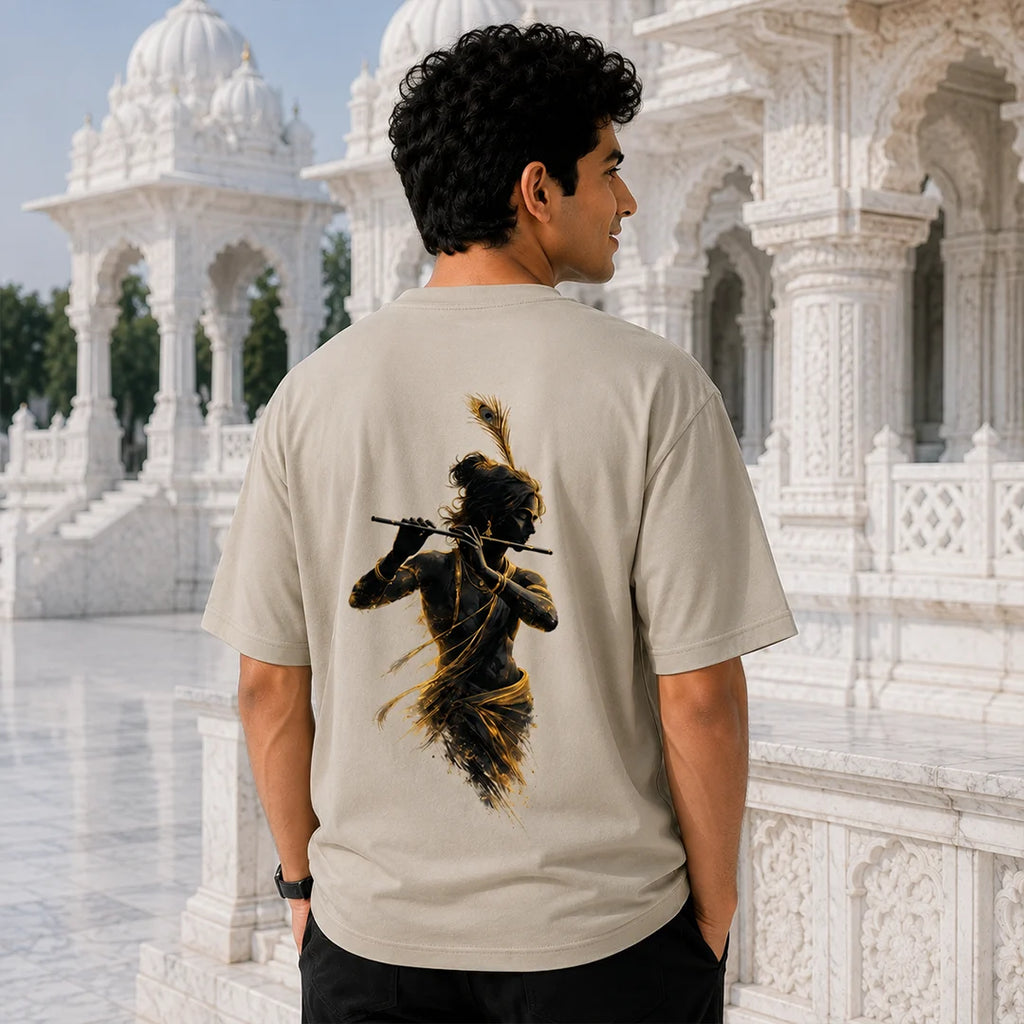 Excello Men's Divine Krishna Silhouette Graphic Oversized T-Shirt - 240 GSM Pure Cotton, Bio-Washed