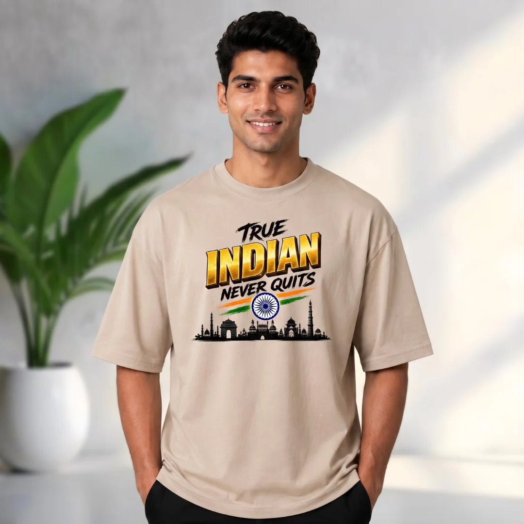 Men's "True Indian Never Quits" Oversized Graphic T-Shirt - 240 GSM Pure Cotton, Bio-Washed
