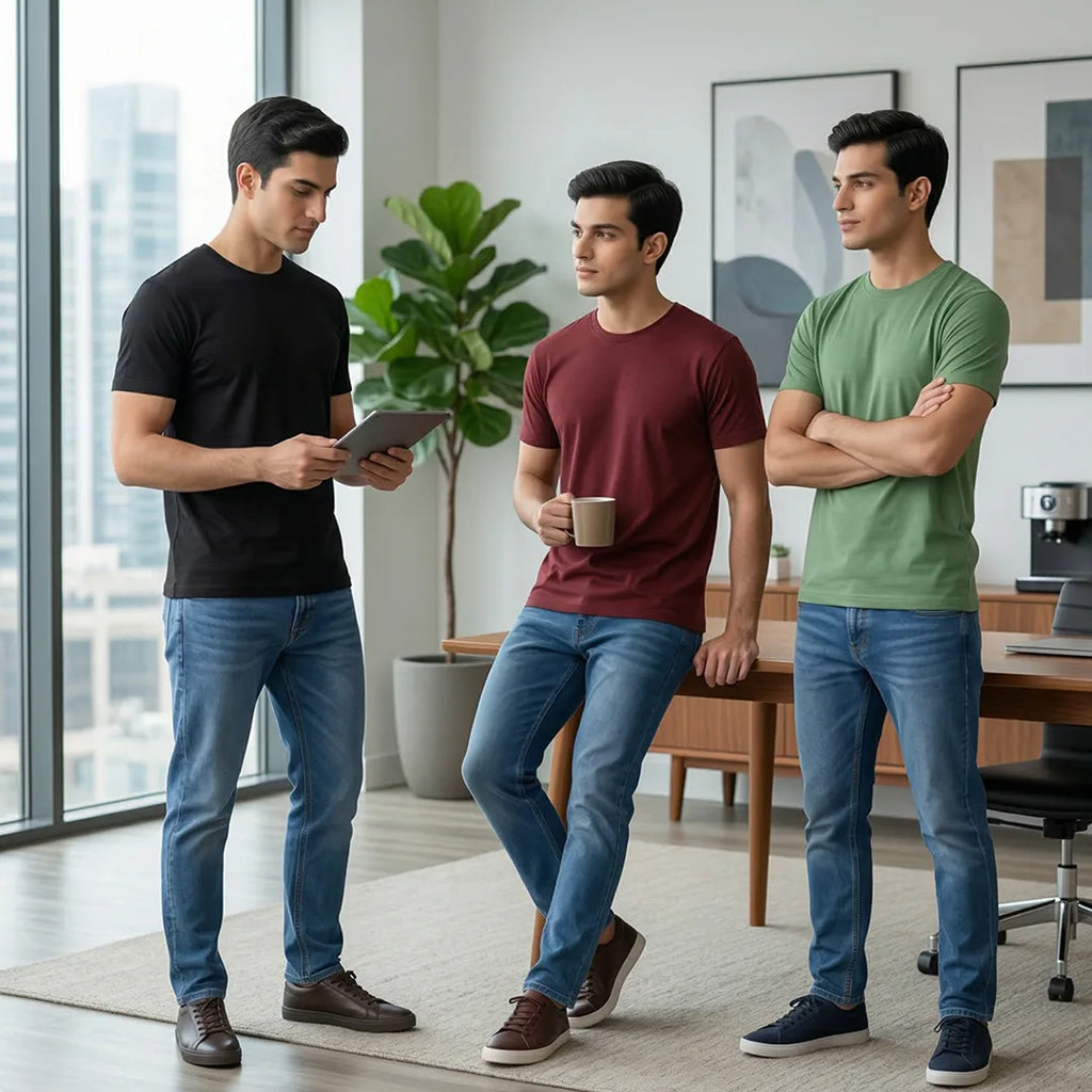 Premium Men’s Round Neck Pure Cotton T-Shirt Combo – 180 GSM Biowashed Regular Fit Half Sleeve Tees (Pack of 3)