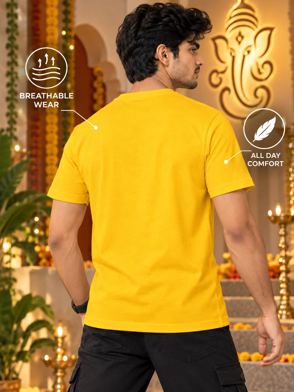 Men's Premium Pure Cotton Ganesha Graphic T-Shirt | 180 GSM Bio-Washed Regular Fit-Yellow