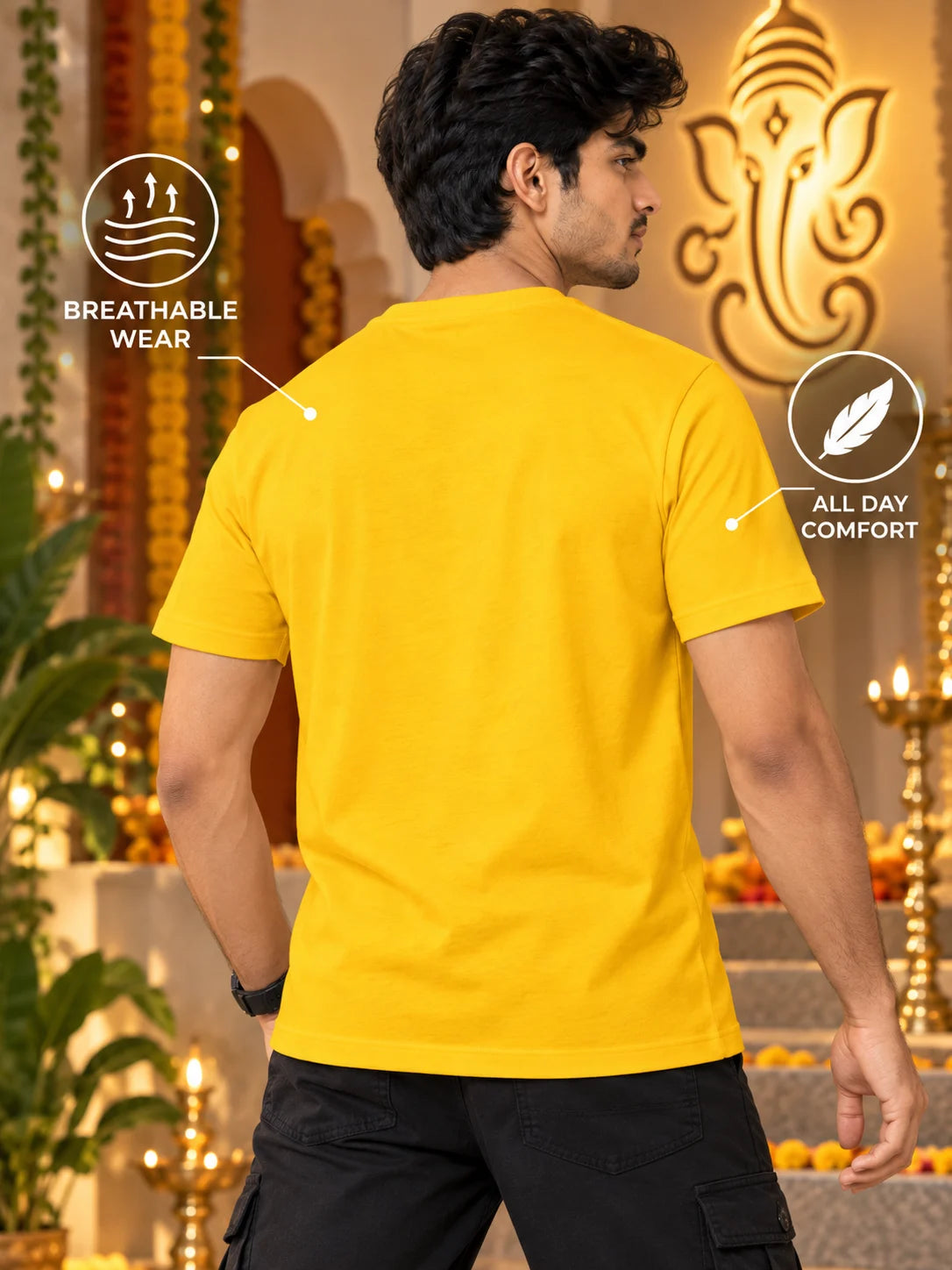 Men's Premium Pure Cotton Ganesha Graphic T-Shirt | 180 GSM Bio-Washed Regular Fit-Yellow