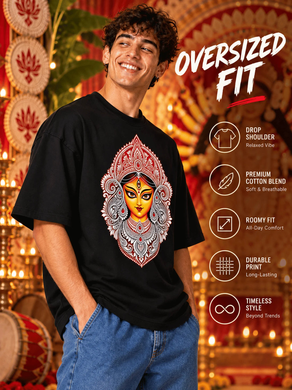 Excello Men's Divine Maa Durga Ornate Portrait Graphic Oversized T-Shirt | Black