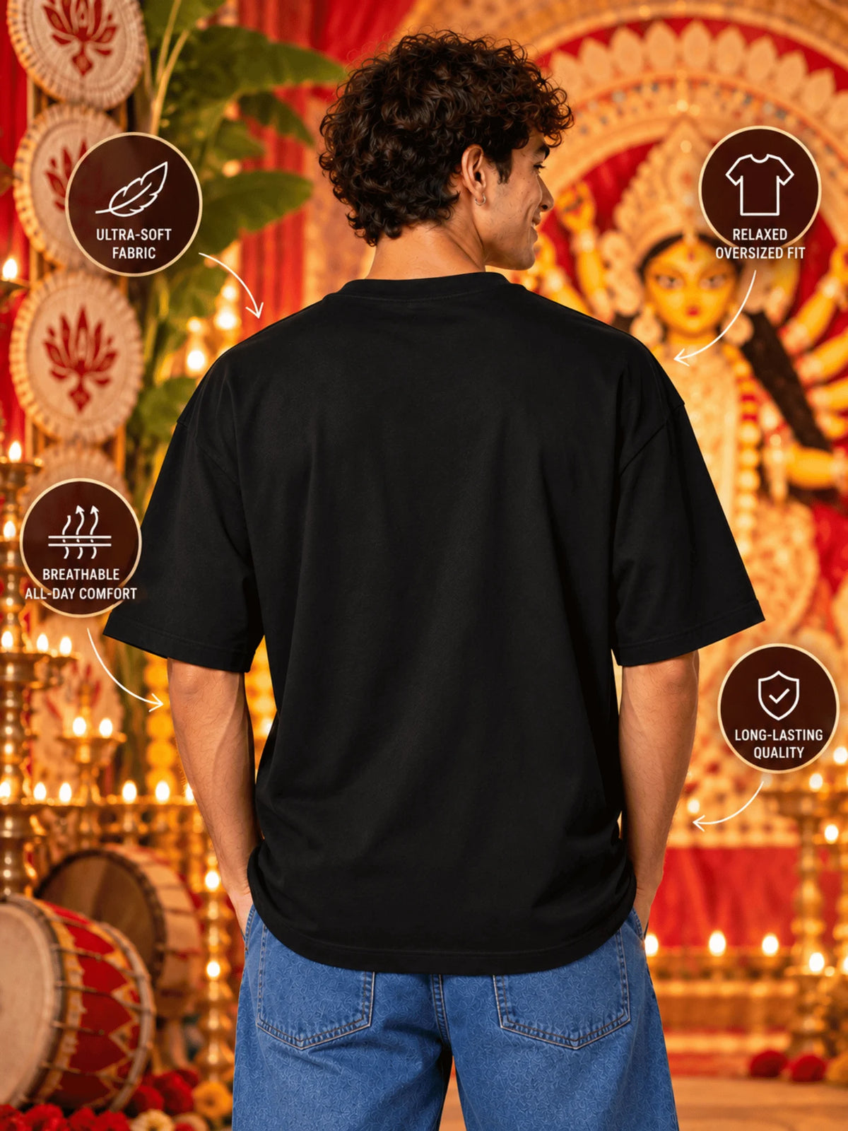 Excello Men's Divine Maa Durga Ornate Portrait Graphic Oversized T-Shirt | Black