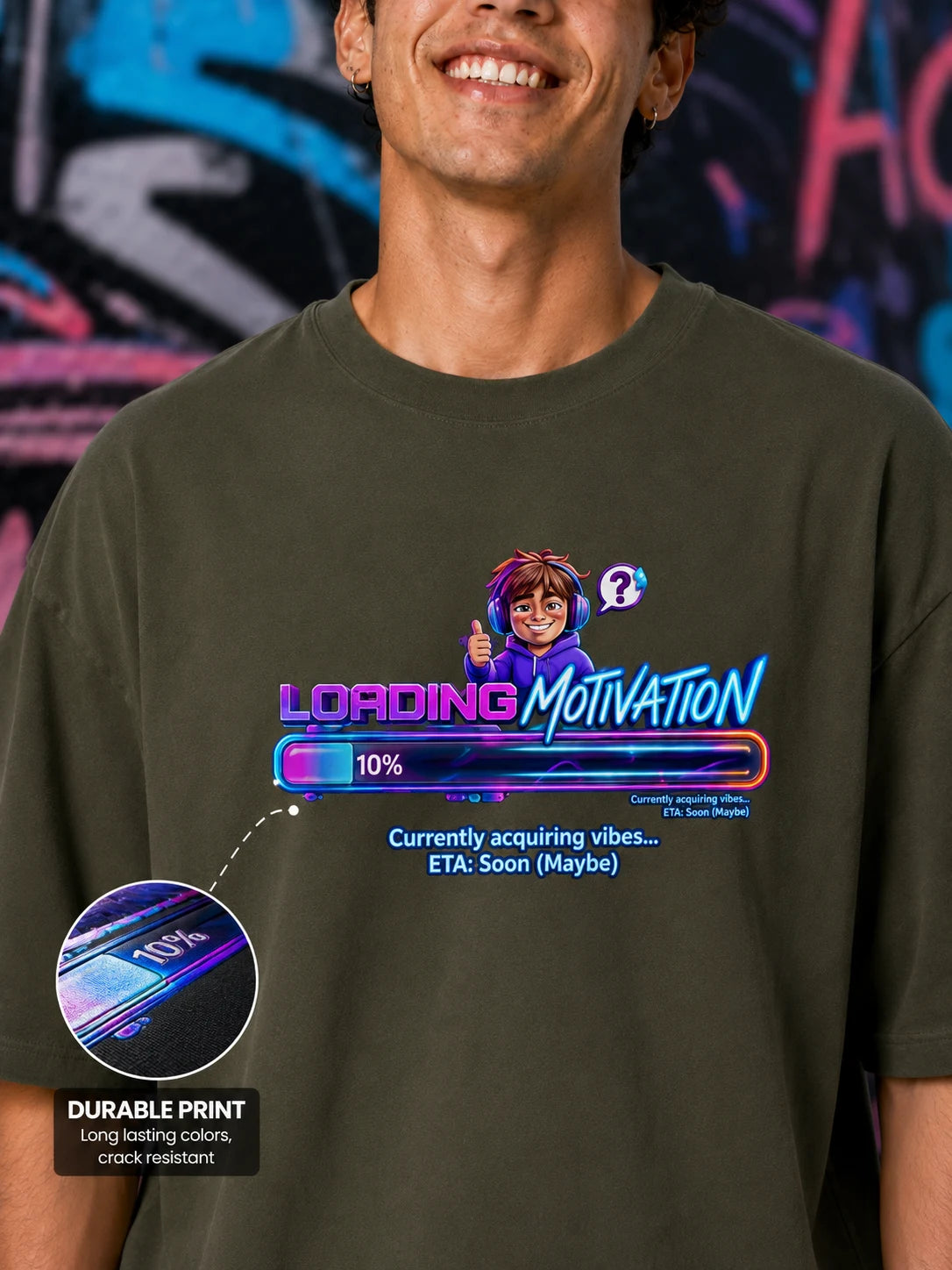 Excello Men's 'Loading Motivation' Gamer Graphic Oversized T-Shirt | Olive