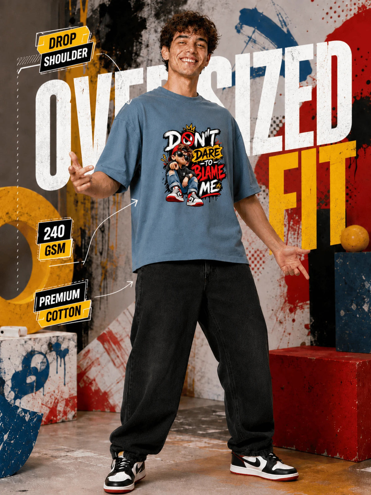 Excello Men's 'Don't Dare to Blame Me' Graphic Oversized T-Shirt | Steel Blue