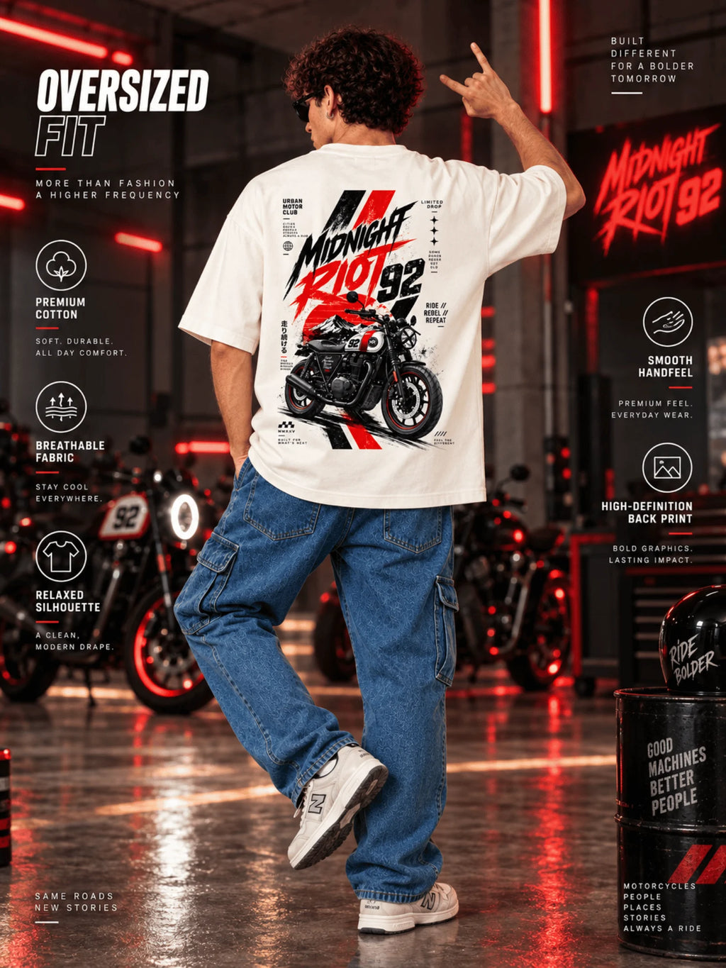 Excello Men's 'Midnight Riot 92' Motorcycle Graphic Oversized T-Shirt | Off White