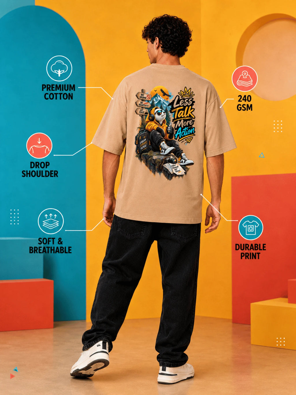 Excello Men's 'Less Talk More Action' Panda Graphic Oversized T-Shirt | Beige