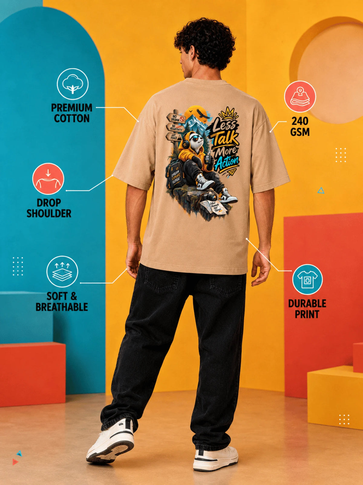 Excello Men's 'Less Talk More Action' Panda Graphic Oversized T-Shirt | Beige