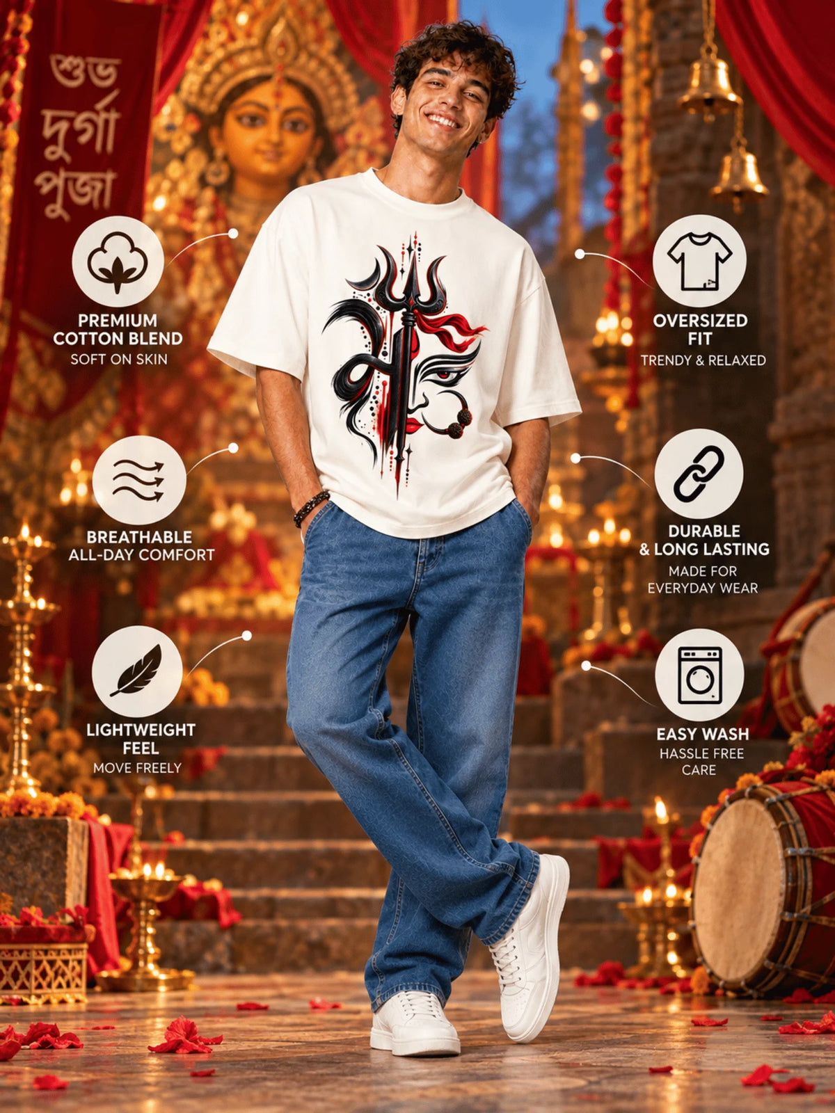 Excello Men's Divine Maa Durga Trishul Graphic Oversized T-Shirt - 180 GSM Premium Cotton | Off White