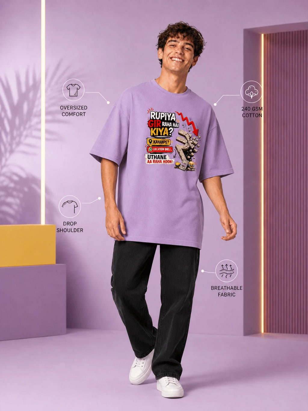Excello Men's 'Rupiya Gir Raha Hai' Humorous Graphic Oversized T-Shirt| Rose Pink
