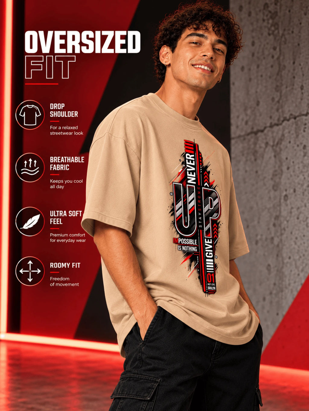 Excello Men's 'Never Give Up' Motivational Graphic Oversized T-Shirt |  Beige