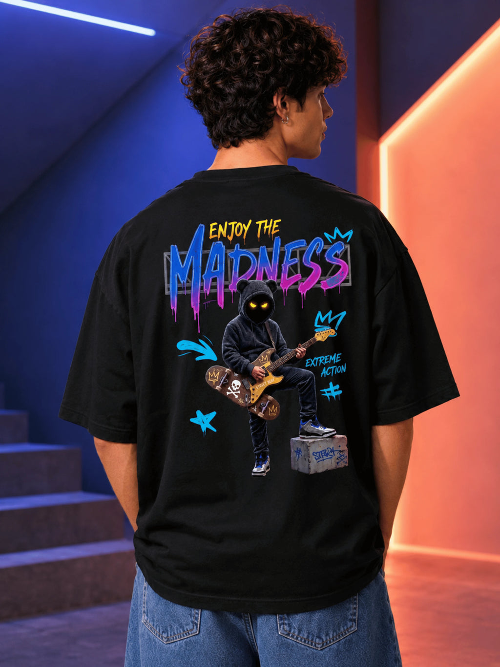 Excello Men's 'Enjoy The Madness' Graffiti Graphic Oversized T-Shirt | Black