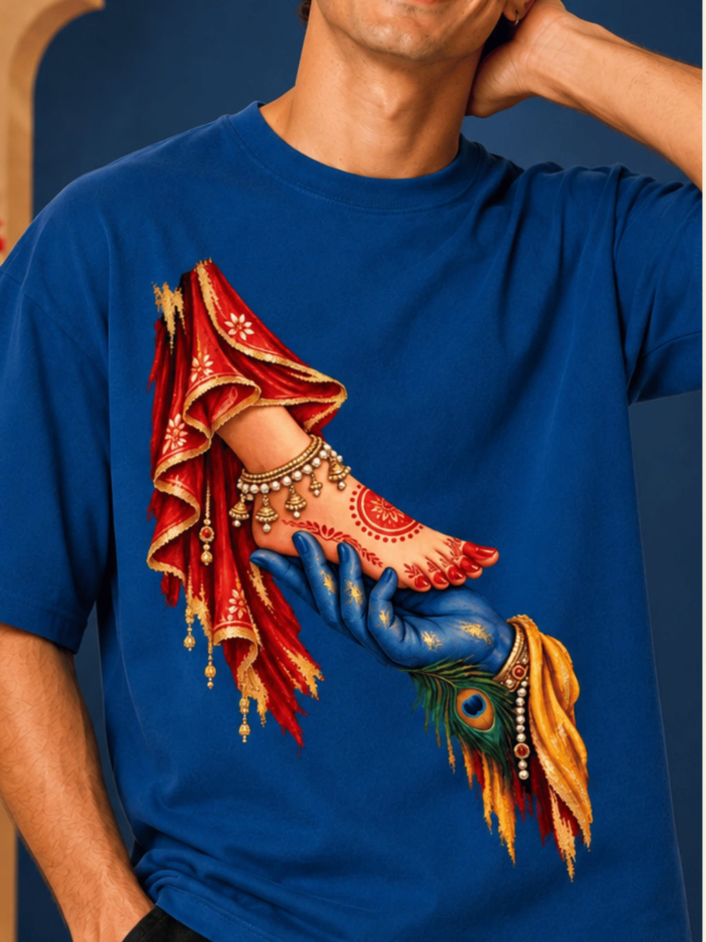 Excello Men's Divine Radha Krishna Love Graphic Oversized T-Shirt - 240 GSM | AirForce Blue