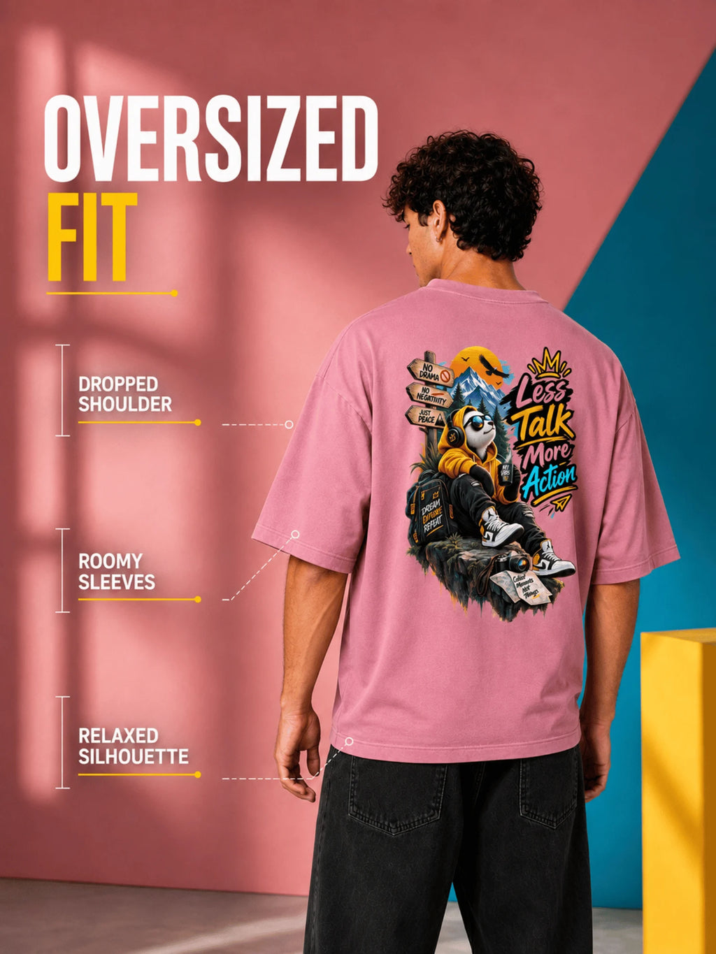 Excello Men's 'Less Talk More Action' Panda Graphic Oversized T-Shirt | Rose Pink