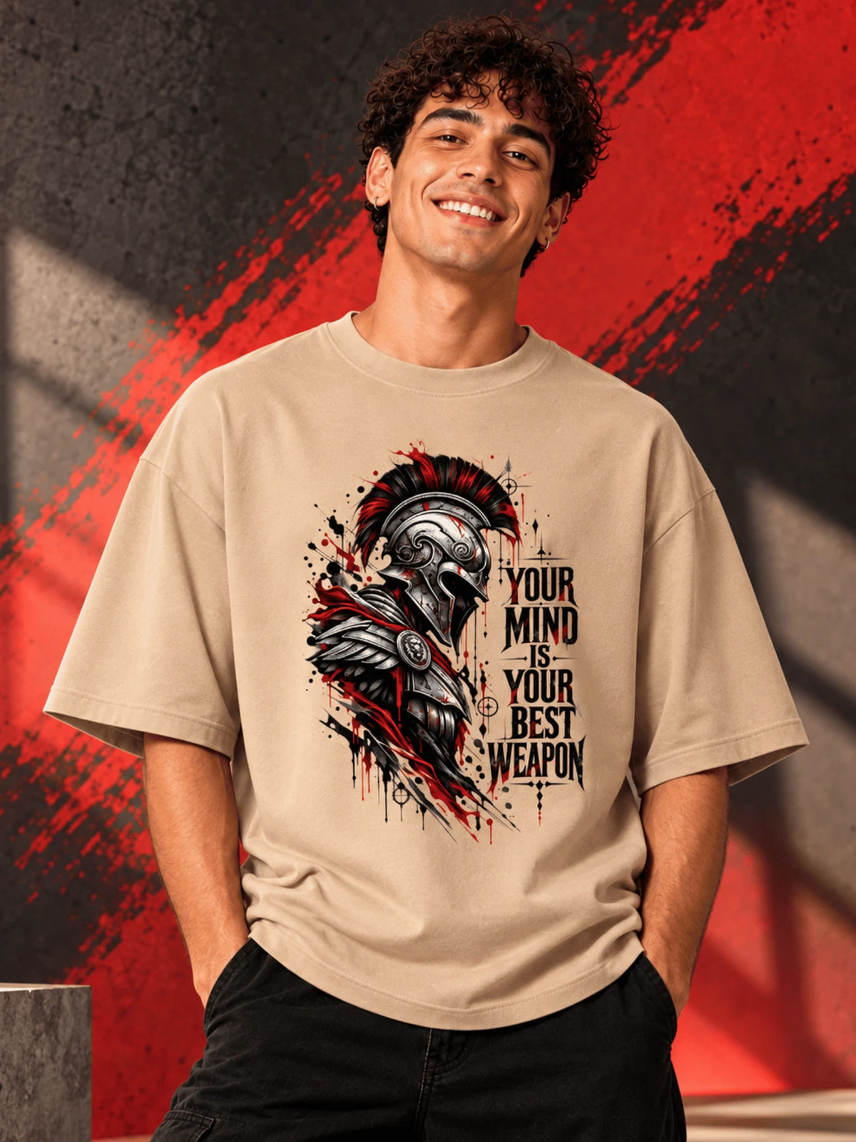 Excello Men's Spartan 'Your Mind Is Your Best Weapon' Graphic Oversized T-Shirt |  Beige