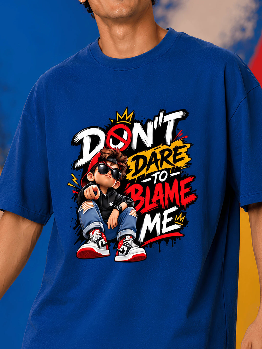Excello Men's 'Don't Dare to Blame Me' Graphic Oversized T-Shirt | Air Force Blue