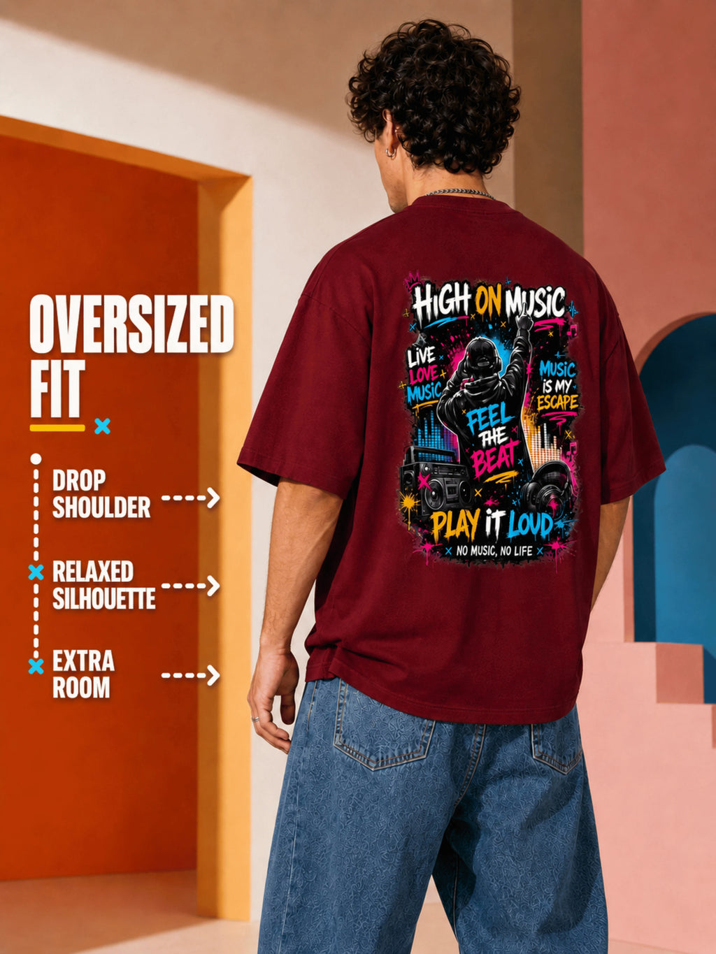 Excello Men's 'High On Music' Neon Graphic Oversized T-Shirt | Maroon