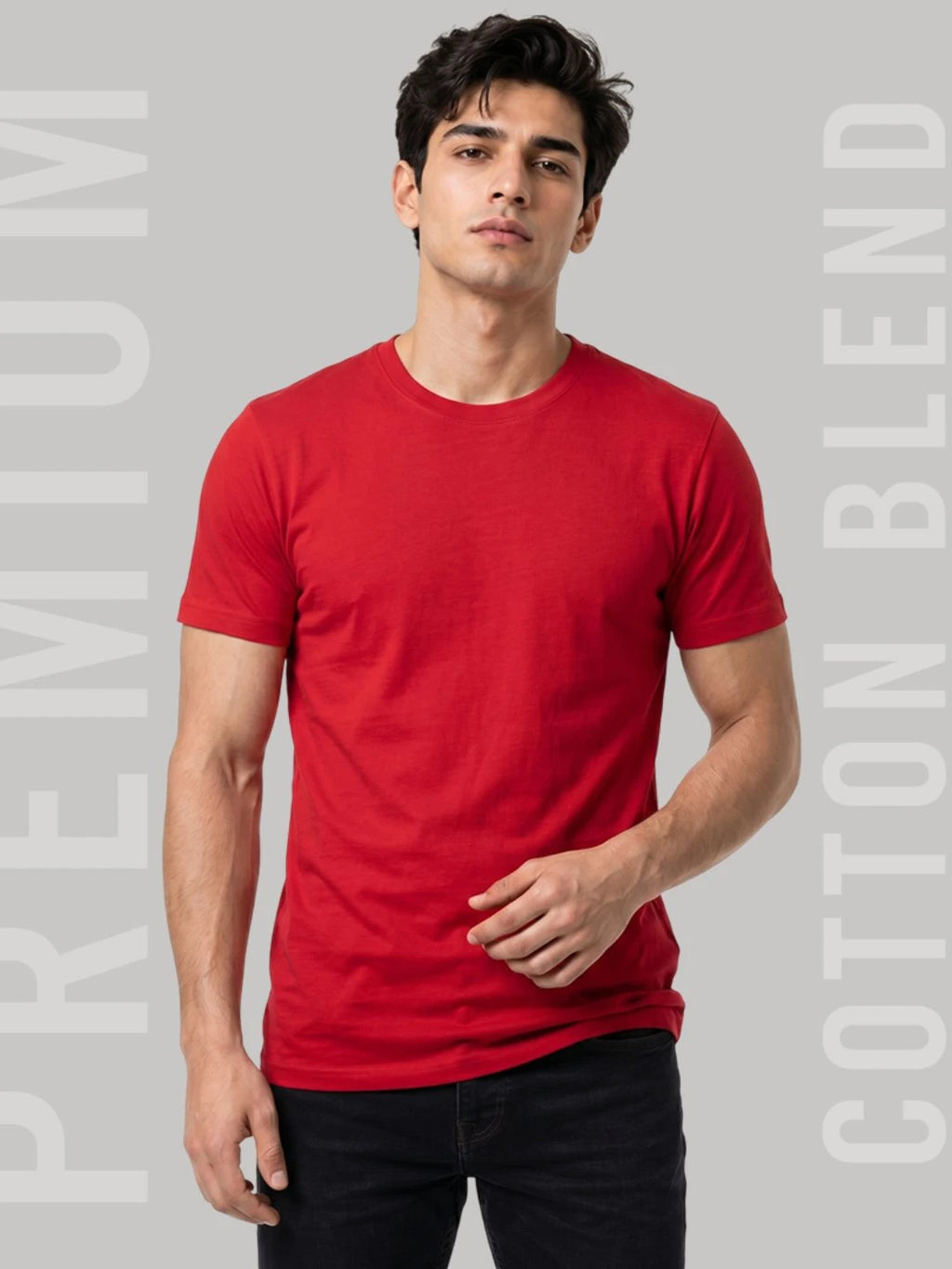 Excello Men's Cotton Blend Bio-Wash Plain  Regular Fit Round Neck T-Shirt  | Black & Red