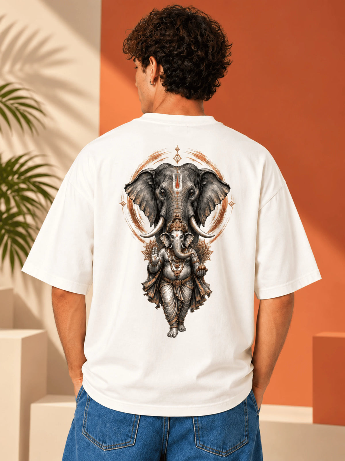 Excello Men's Majestic Elephant & Ganesha Graphic Oversized T-Shirt - 240 GSM Pure Cotton, Bio-Washed | Off White