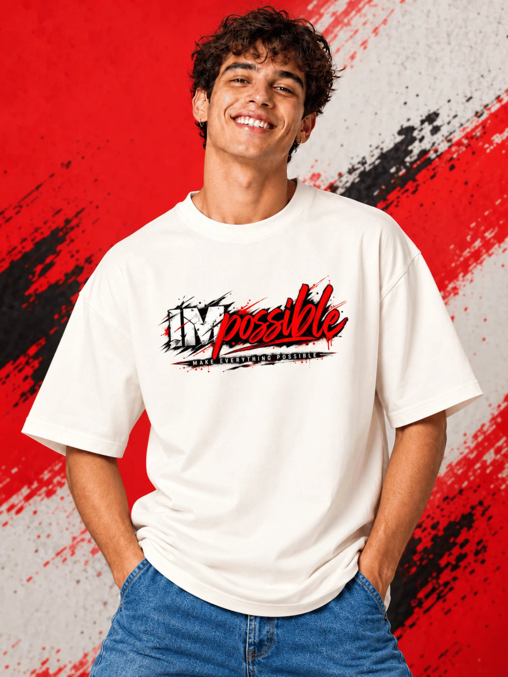 Excello Men's 'Impossible' Motivational Graphic Oversized T-Shirt | Off  White