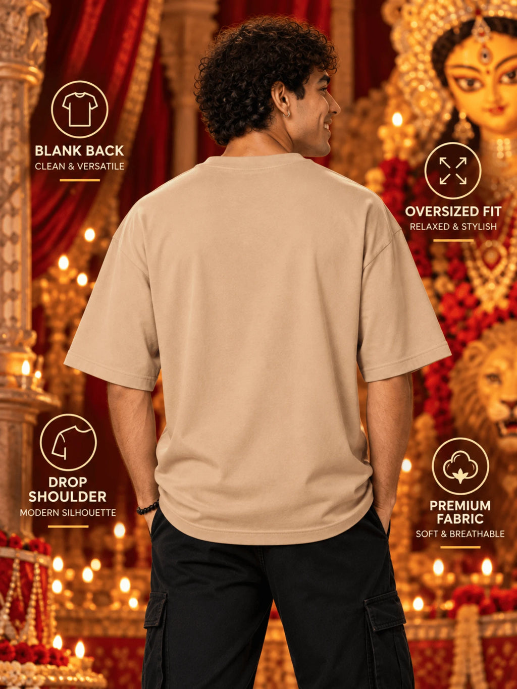 Excello Men's Divine Maa Durga Trishul Graphic Oversized T-Shirt - 180 GSM Premium Cotton | Beige