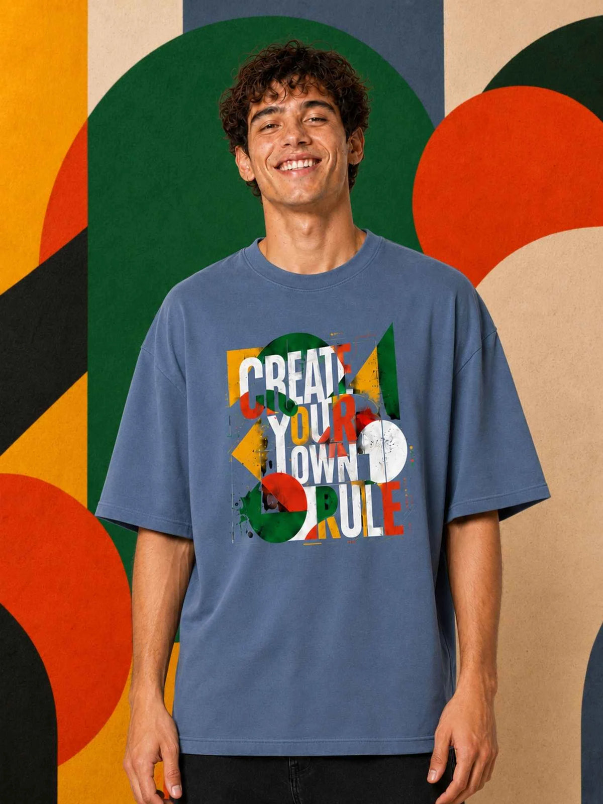 Excello Men's 'Create Your Own Rule' Abstract Graphic Oversized T-Shirt | Steel Blue