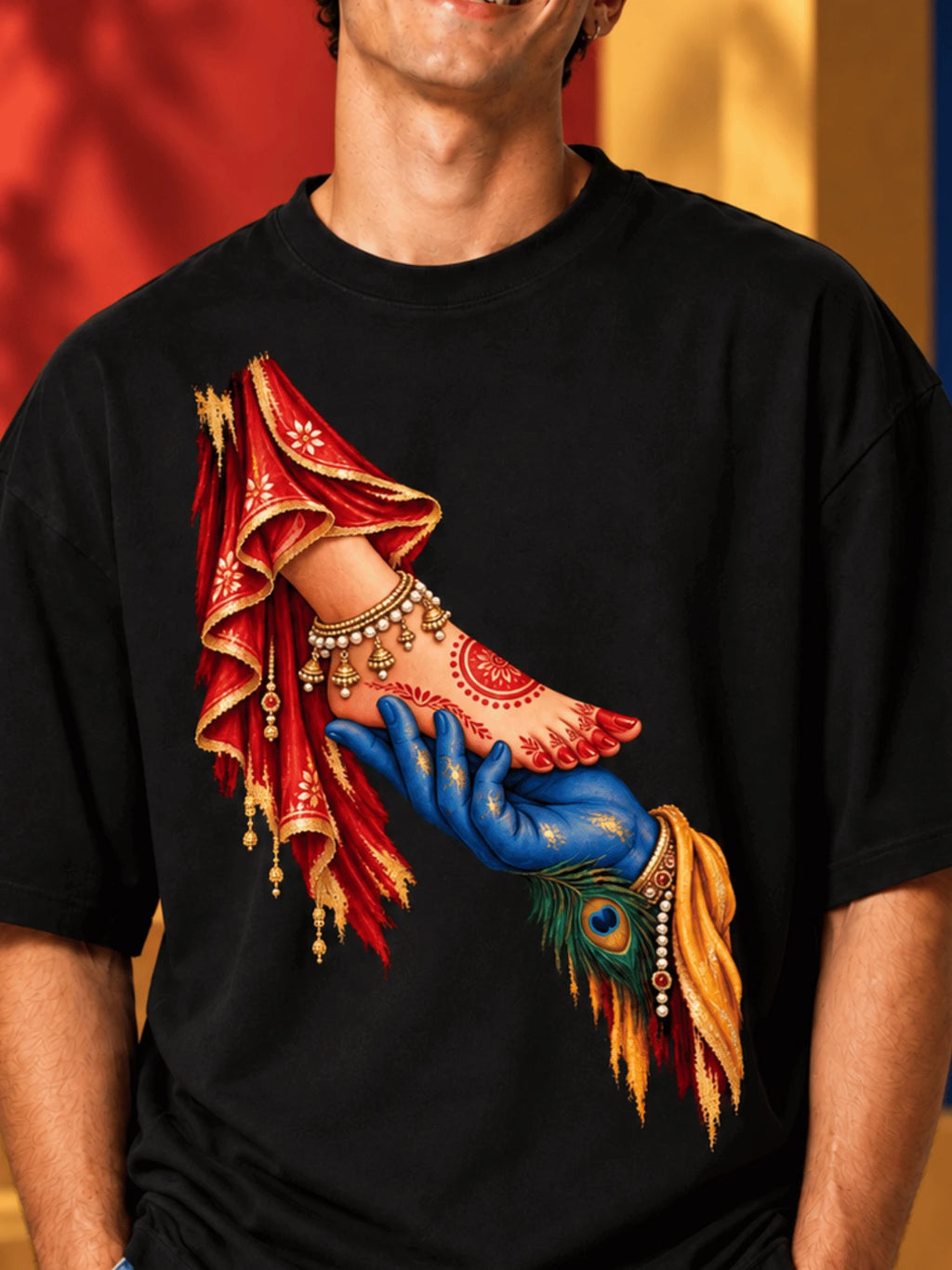 Excello Men's Divine Radha Krishna Love Graphic Oversized T-Shirt - 240 GSM | Black