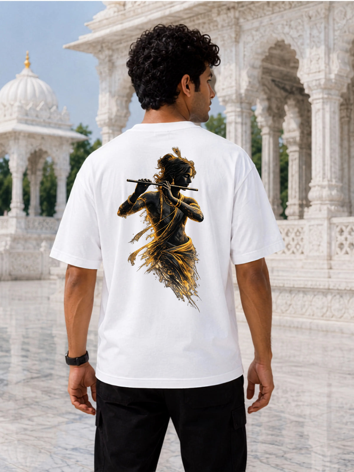 Excello Men's Divine Krishna Silhouette Graphic Oversized T-Shirt - 240 GSM Pure Cotton, Bio-Washed - White