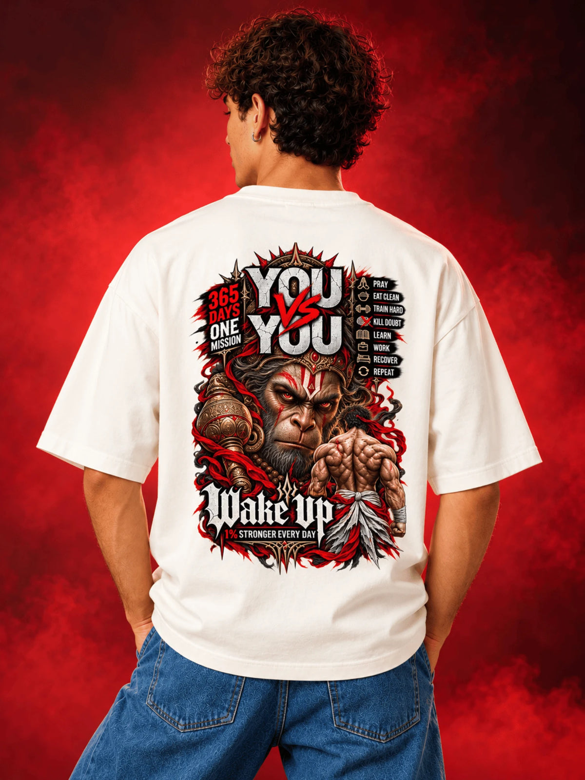 Excello Men's 'You vs You' Hanuman Graphic Oversized T-Shirt | Off White
