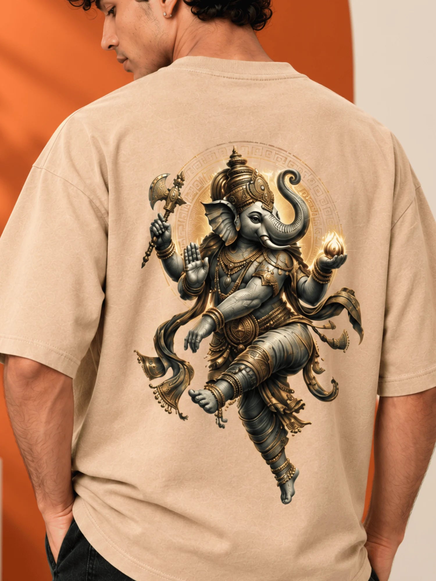 Excello Men's Dynamic Dancing Ganesha Graphic Oversized T-Shirt - 240 GSM Pure Cotton, Bio-Washed | Beige