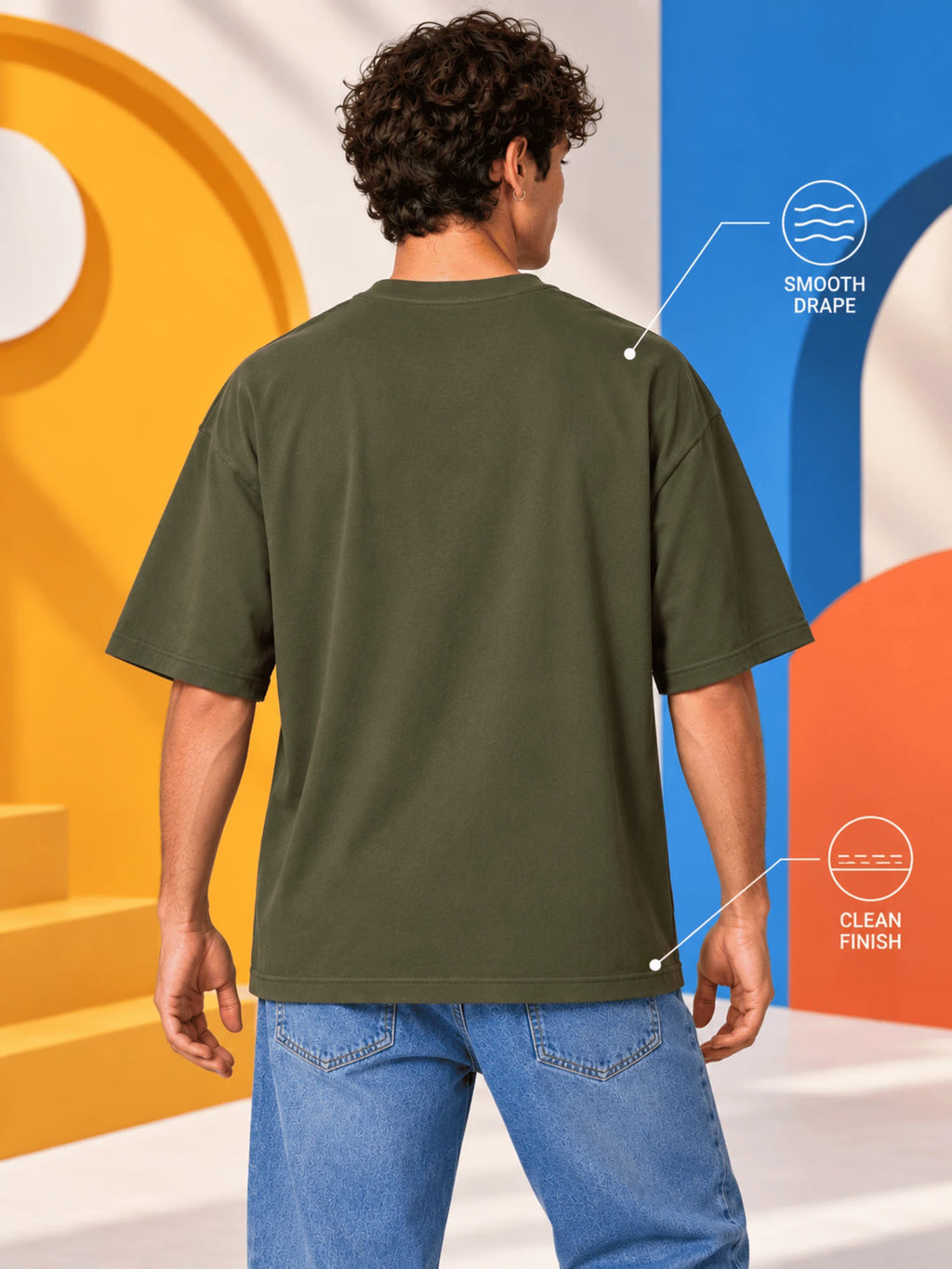 Excello Men's Divine Ganesha Blessing Graphic Oversized T-Shirt - 240 GSM Pure Cotton, Bio-Washed-Olive