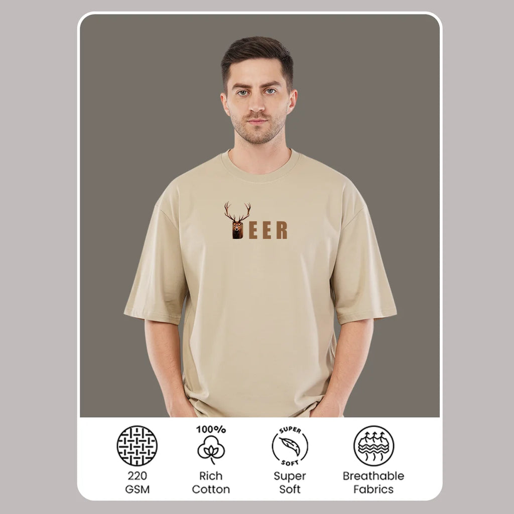 Men's Premium Cement Grey Oversized T-Shirt | 100% Rich Cotton | Wildlife Deer Graphic Print Streetwear Tee