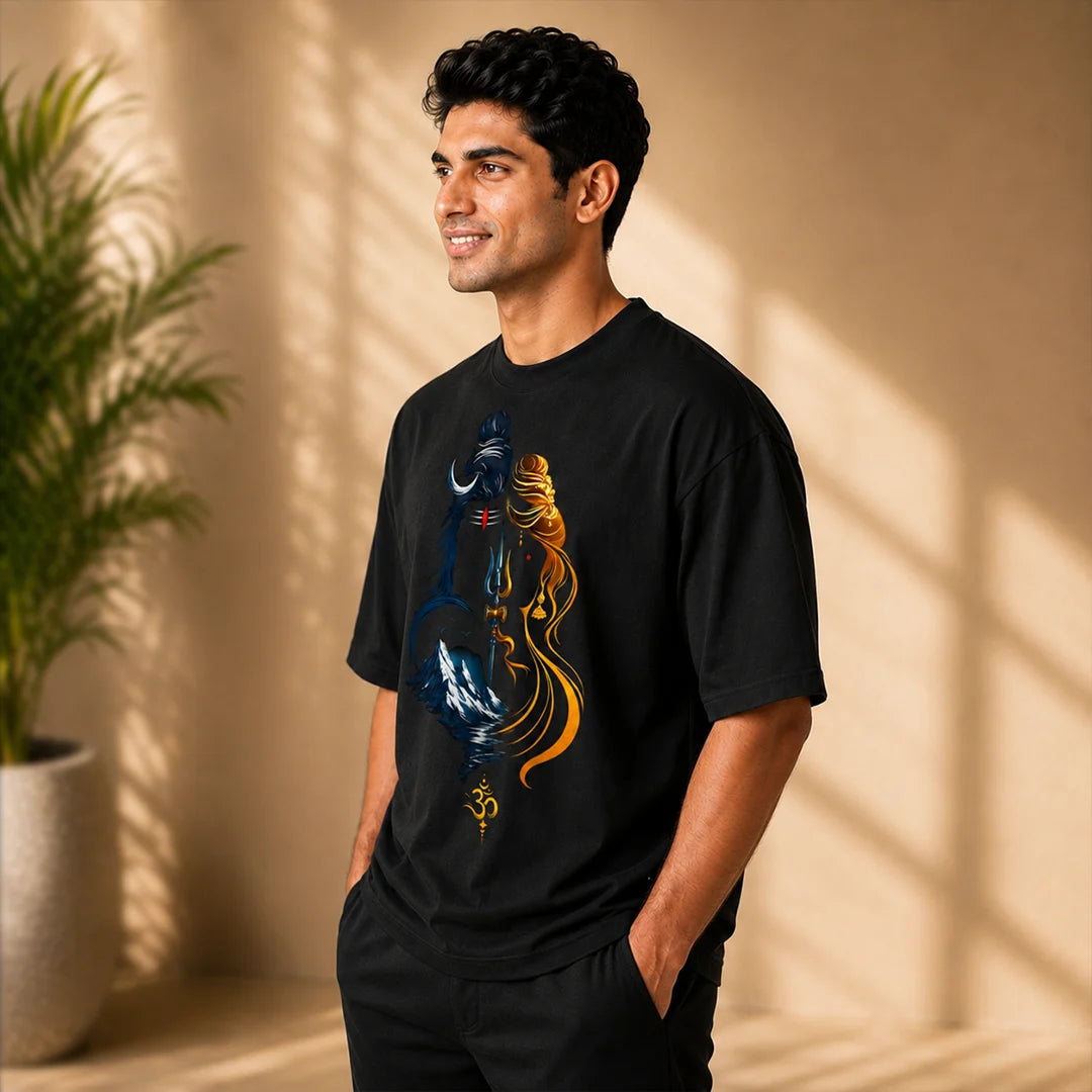 Men's Divine Ardhanareshvara Oversized Graphic T-Shirt - 240 GSM Pure Cotton, Bio-Washed