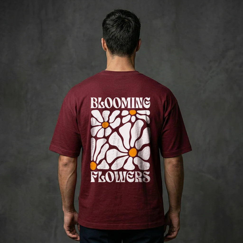 Retro "Blooming Flowers" Graphic Oversized T-Shirt – Premium Wine Colour