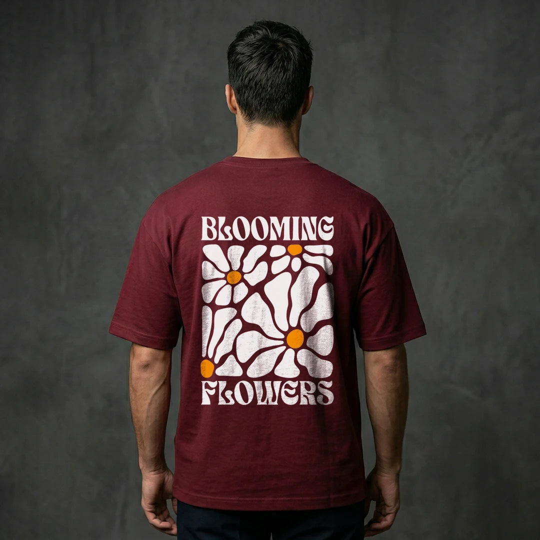 Retro "Blooming Flowers" Graphic Oversized T-Shirt – Premium Wine Colour