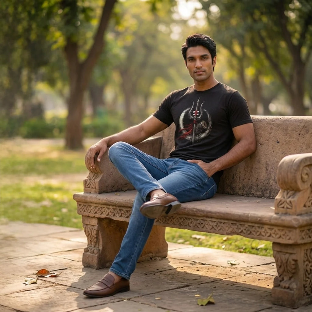 Men's Pure Cotton Regular Fit Mahadev Trishul Damru Graphic T-Shirt | 180 GSM Bio-Washed Spiritual Casual Tee