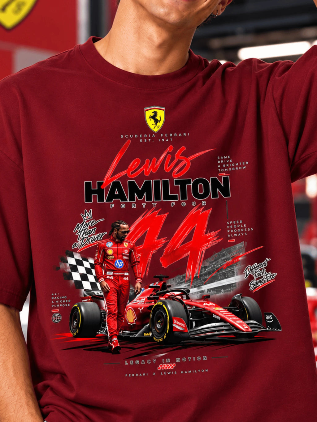 Excello Men's Lewis Hamilton 44 Scuderia Ferrari Graphic Oversized T-Shirt | Maroon