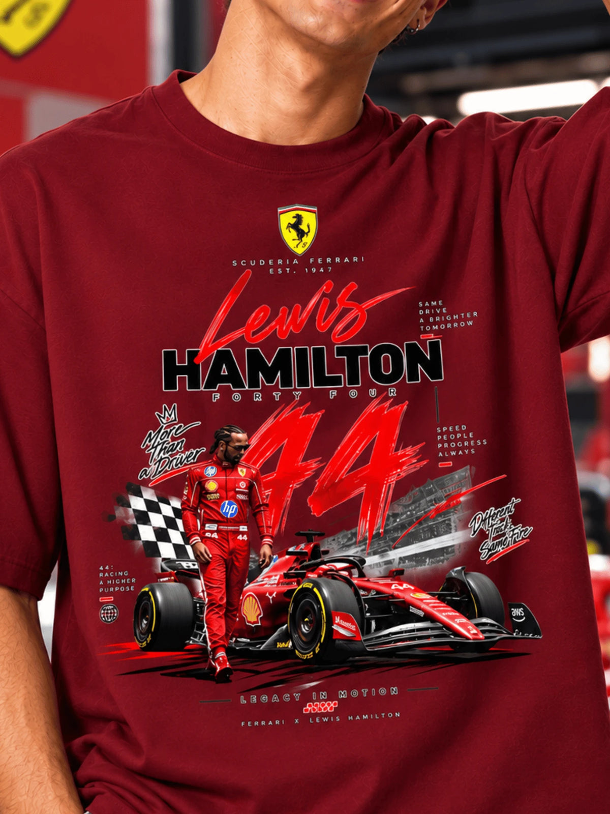 Excello Men's Lewis Hamilton 44 Scuderia Ferrari Graphic Oversized T-Shirt | Maroon