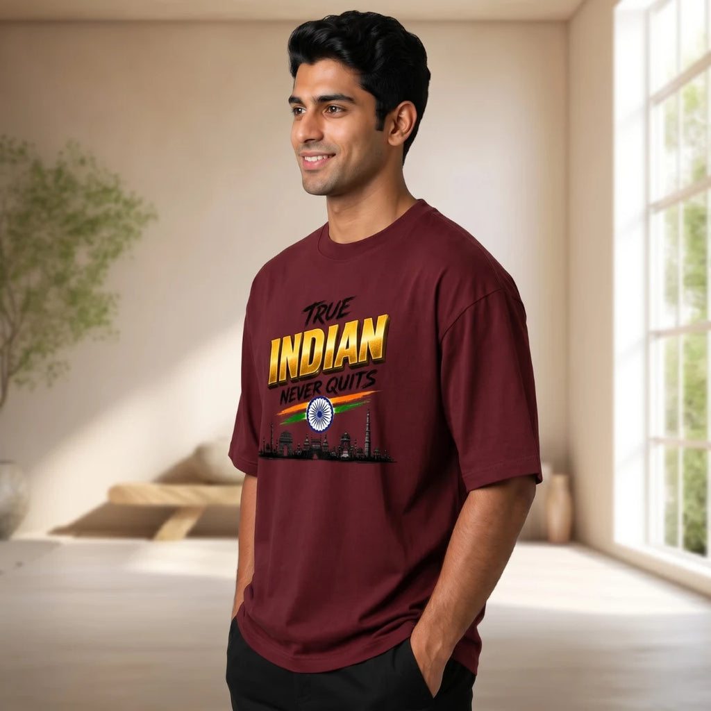 Men's "True Indian Never Quits" Oversized Graphic T-Shirt - 240 GSM Pure Cotton, Bio-Washed