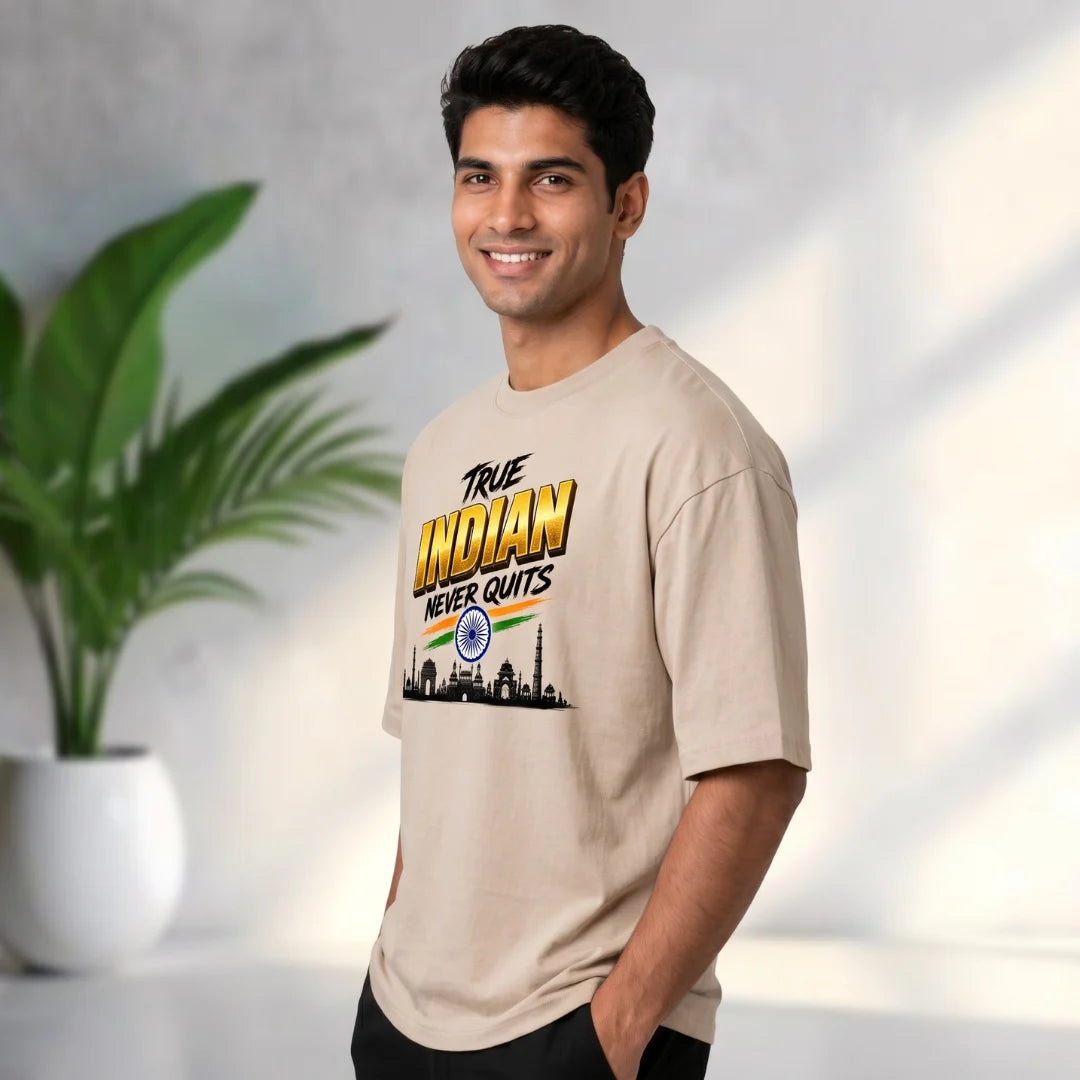 Men's "True Indian Never Quits" Oversized Graphic T-Shirt - 240 GSM Pure Cotton, Bio-Washed