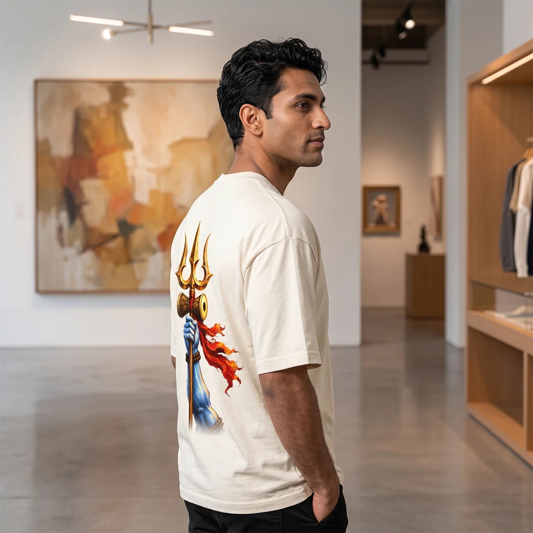 Men's Pure Cotton Oversized Printed T-Shirt | Lord Shiva Mahadev Trishul Graphic Print Drop Shoulder Loose Fit Crew Neck Tee
