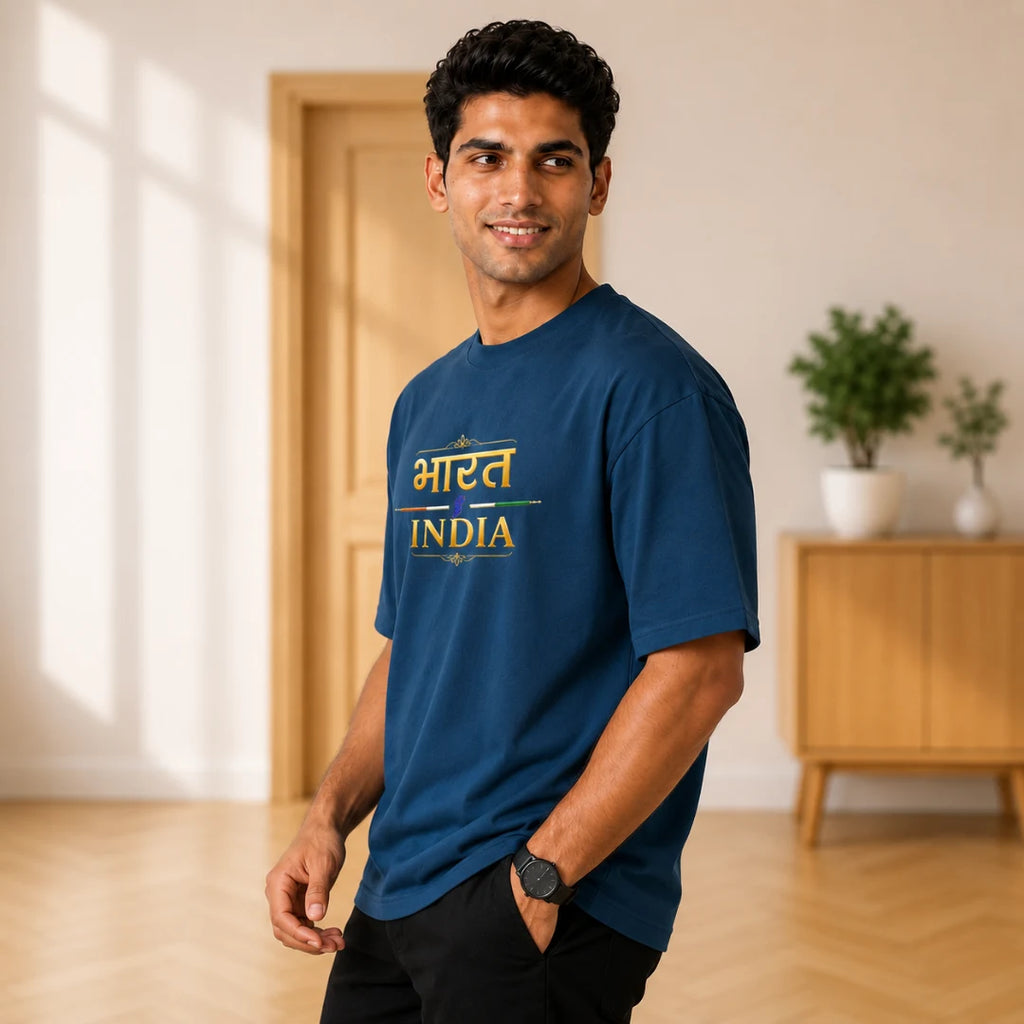 Men's "Bharat - India" Premium Oversized Graphic T-Shirt - 240 GSM Pure Cotton, Bio-Washed