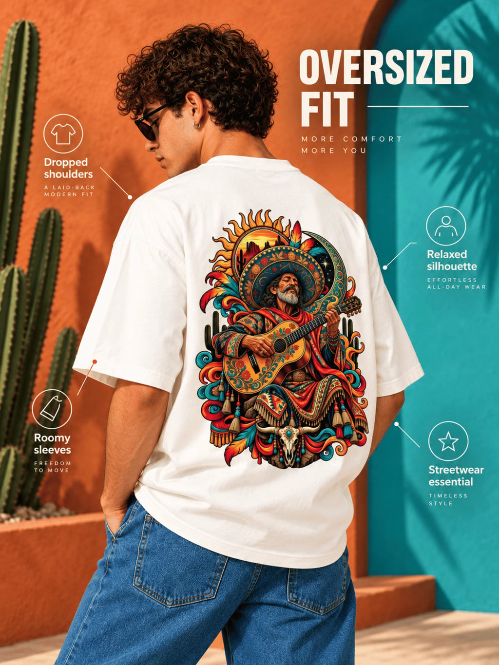 Excello Men's Mexican Musician Graphic Oversized T-Shirt | Off White