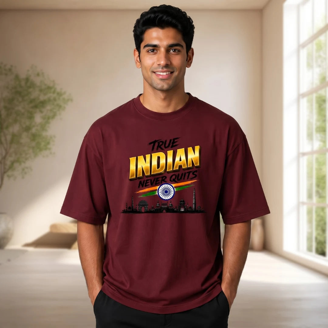 Men's "True Indian Never Quits" Oversized Graphic T-Shirt - 240 GSM Pure Cotton, Bio-Washed