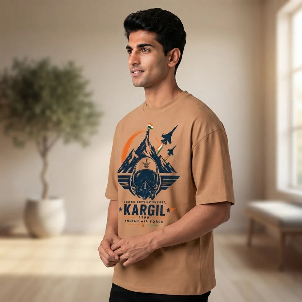Men's Oversized Graphic T-Shirt - Kargil 1999 Indian Air Force Tribute, 240 GSM Pure Cotton, Bio-Washed