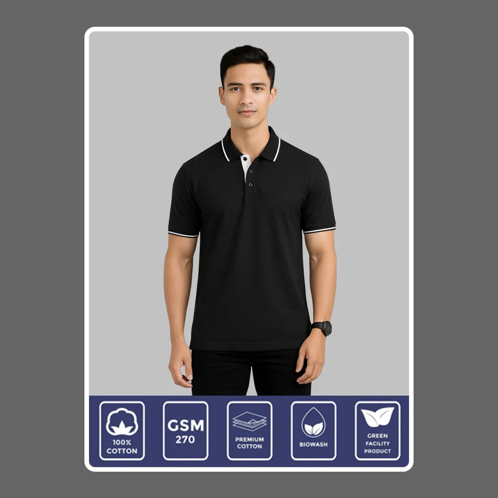 Men’s Premium Polo T-Shirt with Contrast Tipping | 270 GSM | Regular Fit Cotton Pique | Smart Casual & Office Wear