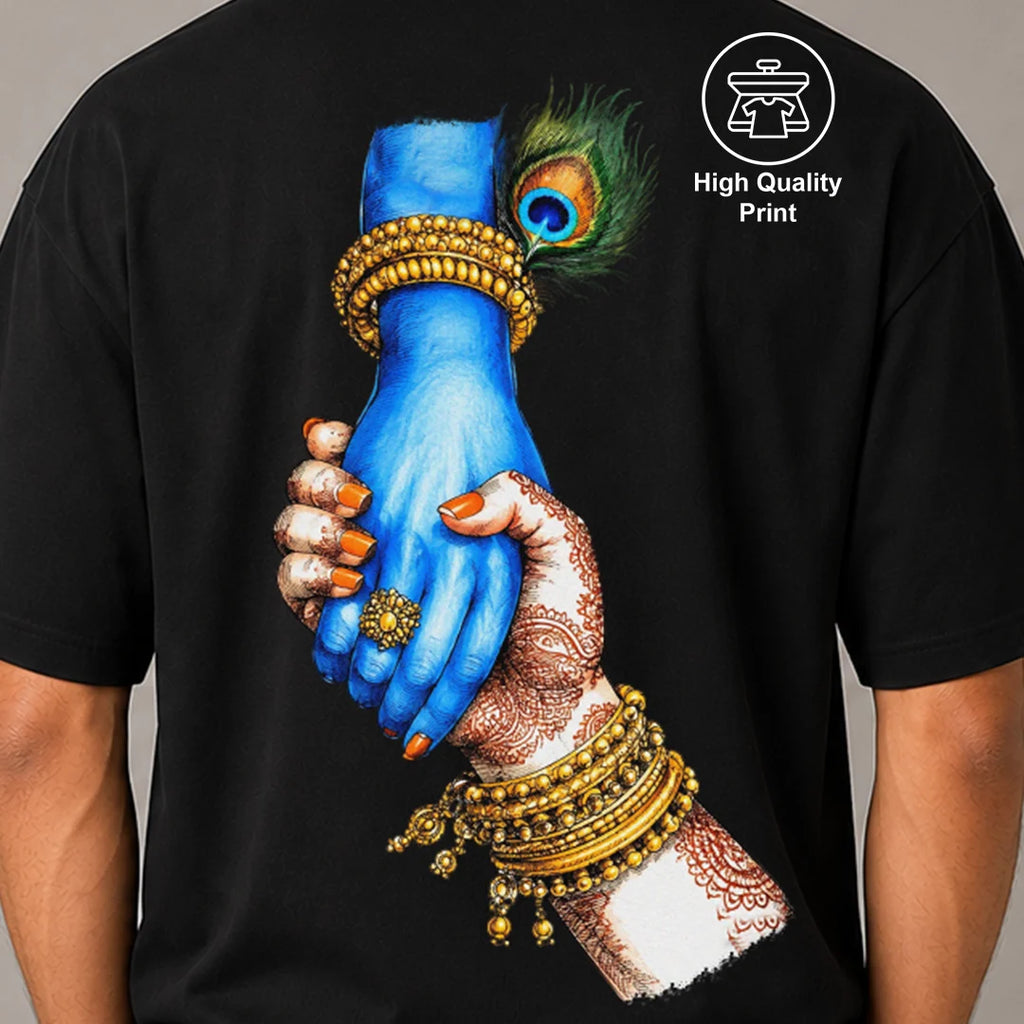 Excello Men's Jai Shree Krishna Divine Graphic Oversized T-Shirt - 240 GSM Pure Cotton, Bio-Washed