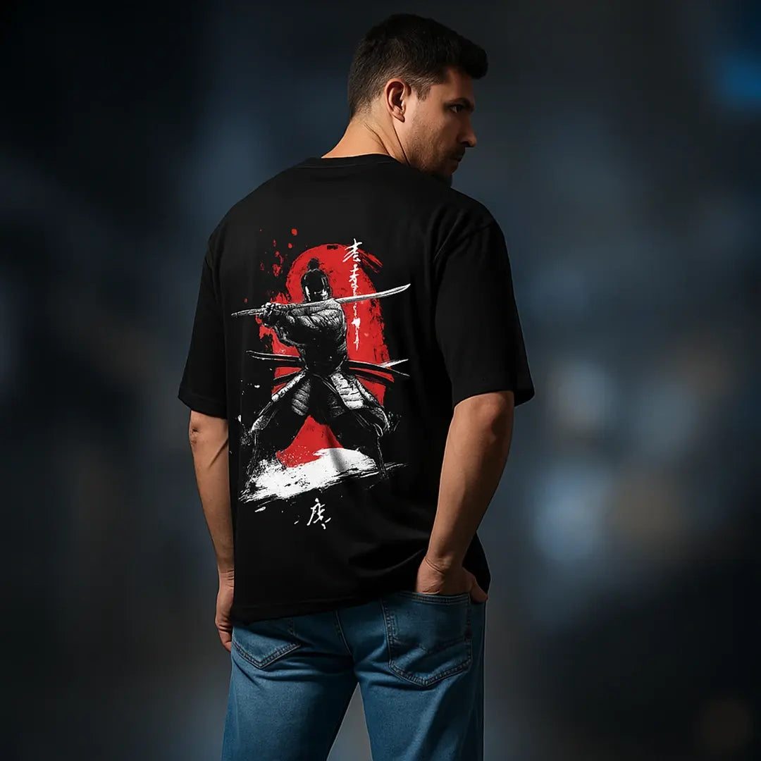 Men's 100% Pure Cotton Oversized T-Shirt – Black Streetwear Tee with Samurai & Kunai Graphic Print