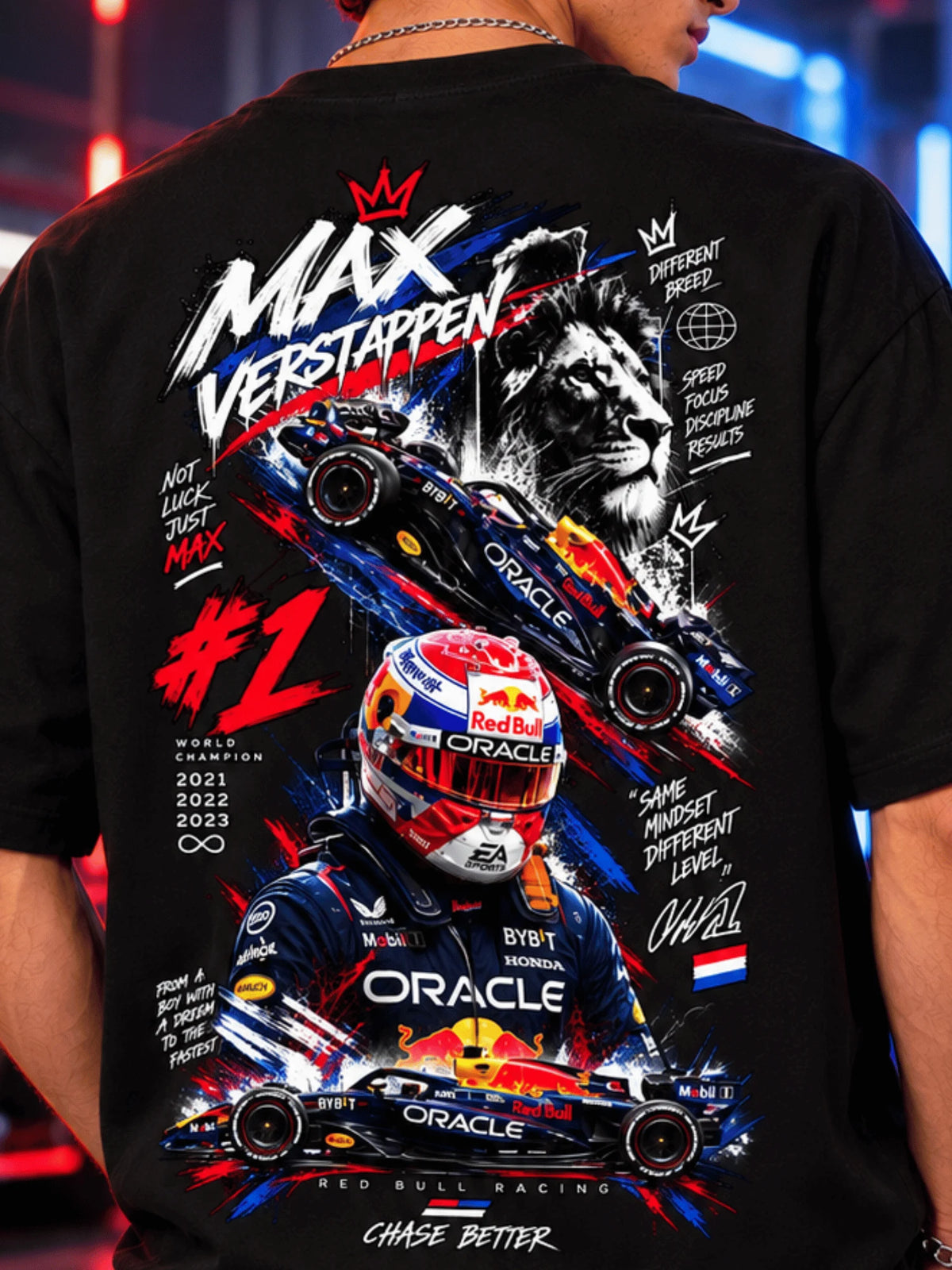Excello Men's Max Verstappen Racing Graphic Oversized T-Shirt | Black